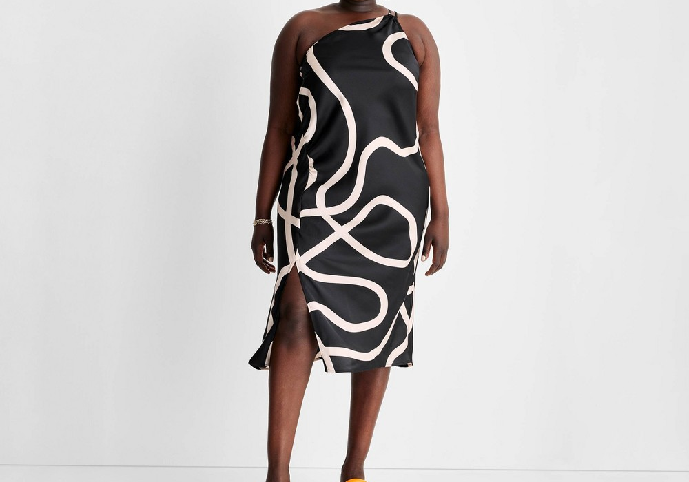 Future Collective Women's One Shoulder Slit Midi Dress - Abstract Black/White XXL by Alani Noelle