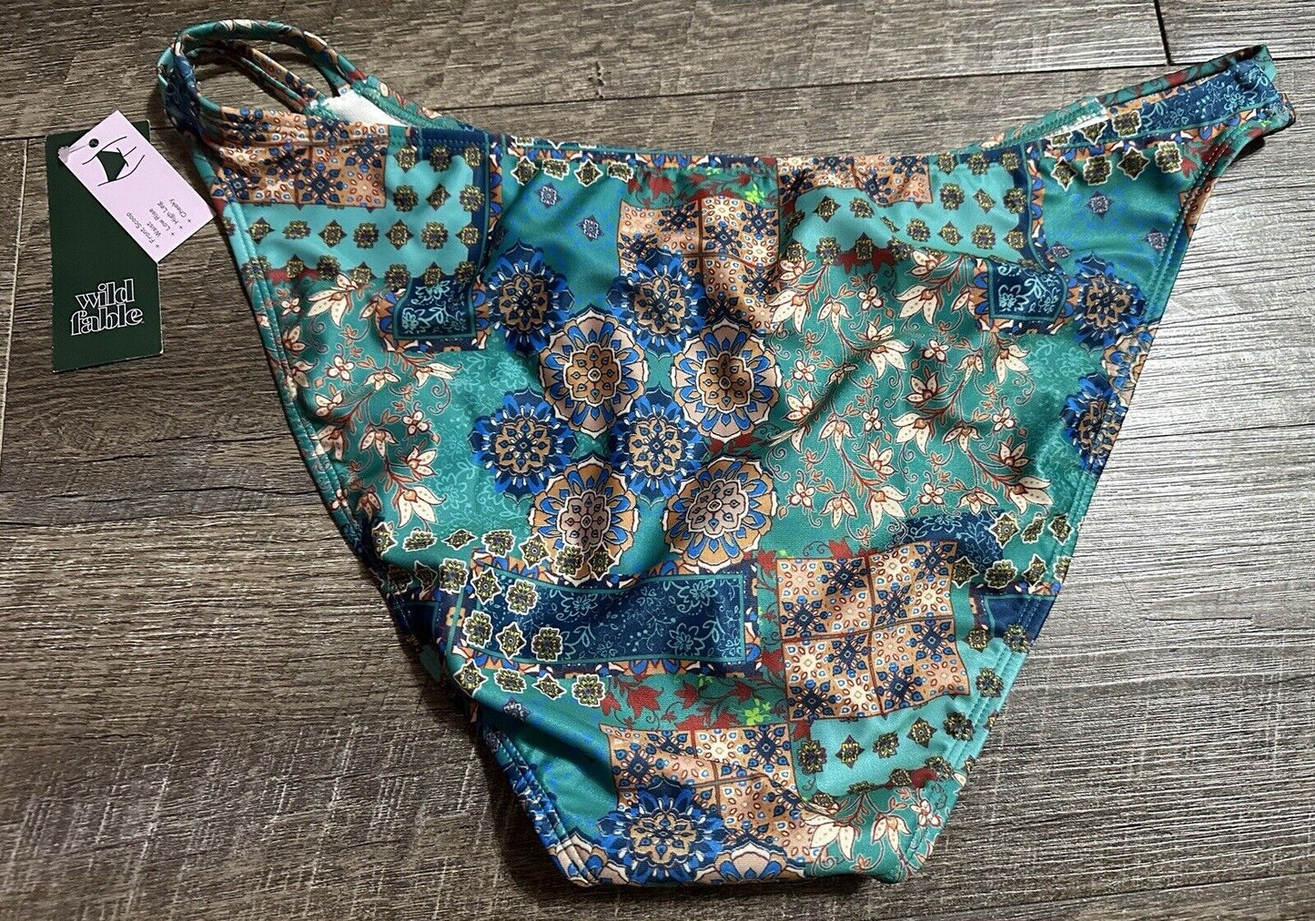 Wild Fable Women's Blue Patchwork Cheeky High Leg Bikini Bottom with Double Side Tab Size XL