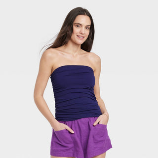 A New Day Women's Slim Fit Ruched Tube Top Navy Size XL