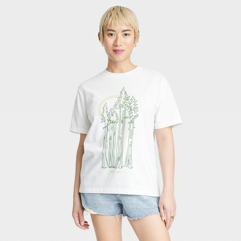 White Short Sleeve Graphic T-Shirt - Happy Earth Day Tall Trees - Women's Size M