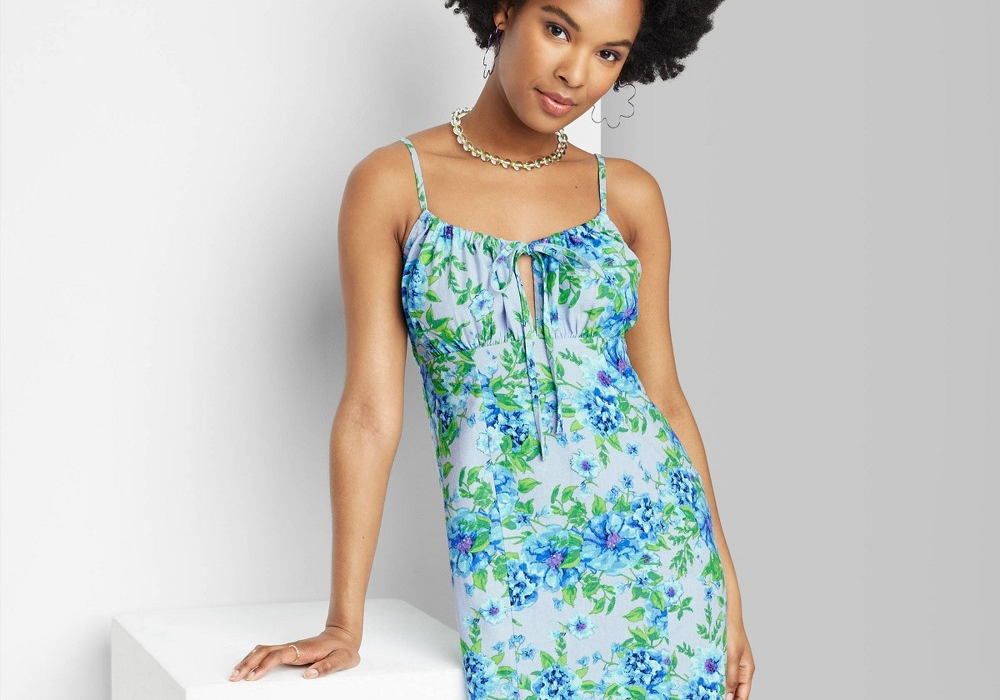 Wild Fable Women's Blue Floral Ruched Linen Slip Dress Size XXS