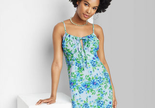 Wild Fable Women's Blue Floral Ruched Linen Slip Dress Size XXS