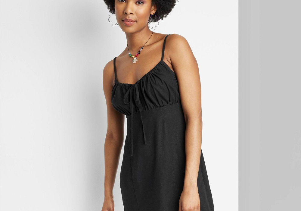 Black Ruched Linen Slip Dress for Women - Wild Fable XS