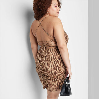 Wild Fable Women's Satin Lace-Up Bodycon Dress in Cognac Tiger Print Size XXL