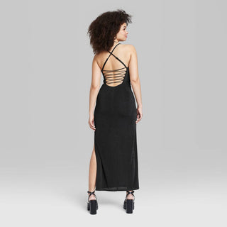 Wild Fable Women's XXS Bodycon Maxi Dress in Black with Lace-Up Back