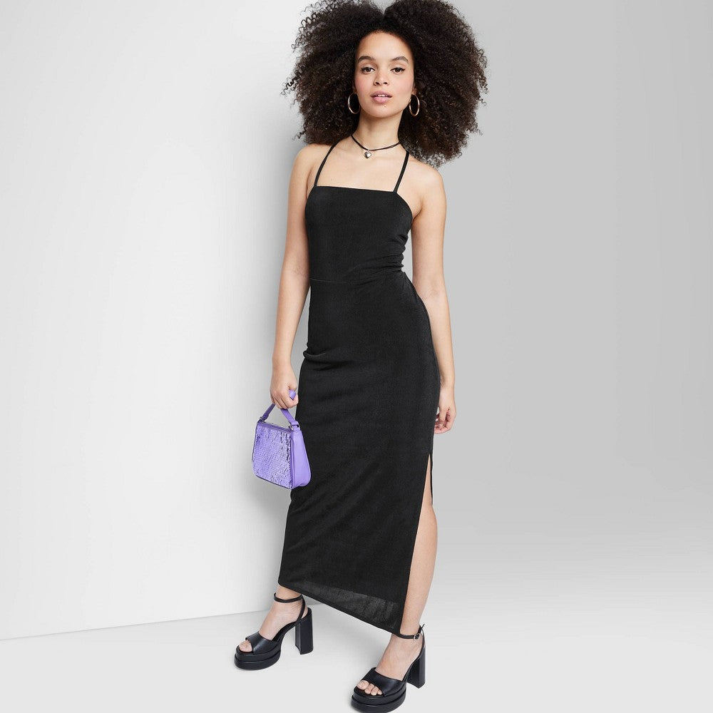 Wild Fable Women's XXS Bodycon Maxi Dress in Black with Lace-Up Back