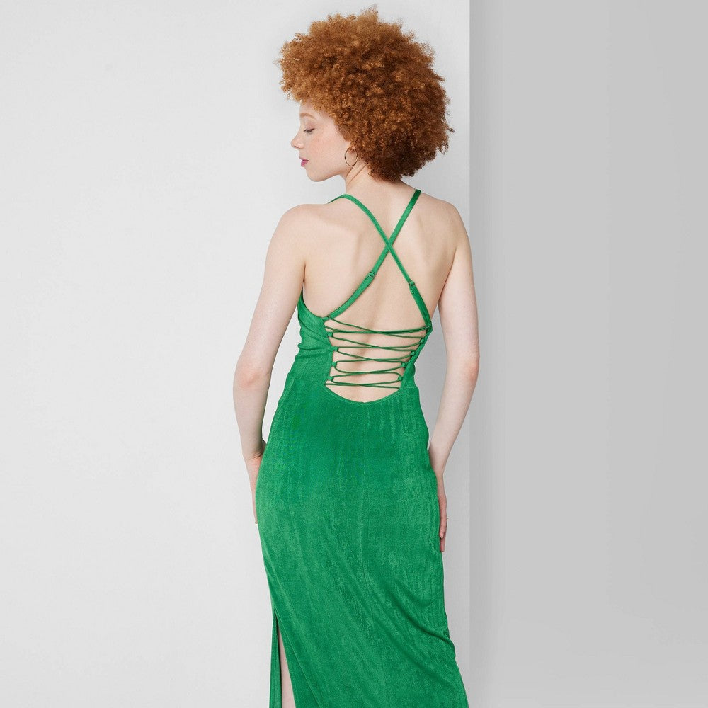 Green Maxi Bodycon Dress for Women with Lace-Up Back Size XXS