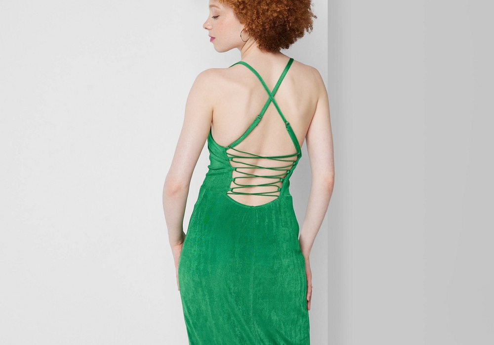 Green Maxi Bodycon Dress for Women with Lace-Up Back Size XXS