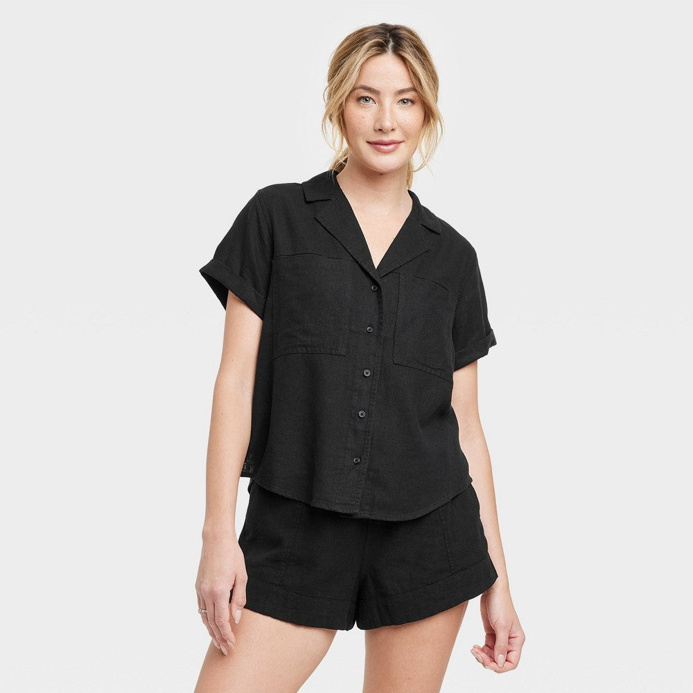 Black Linen Shirt for Women - Size M with Short Sleeves and Buttons, Universal Thread
