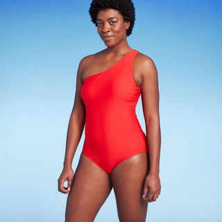 Kona Sol Women's One Shoulder Swimsuit Red L - Medium Coverage with Tummy Control