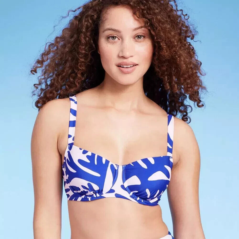 Kona Sol Women's Underwire Bikini Top - Coral Print Blue Size M