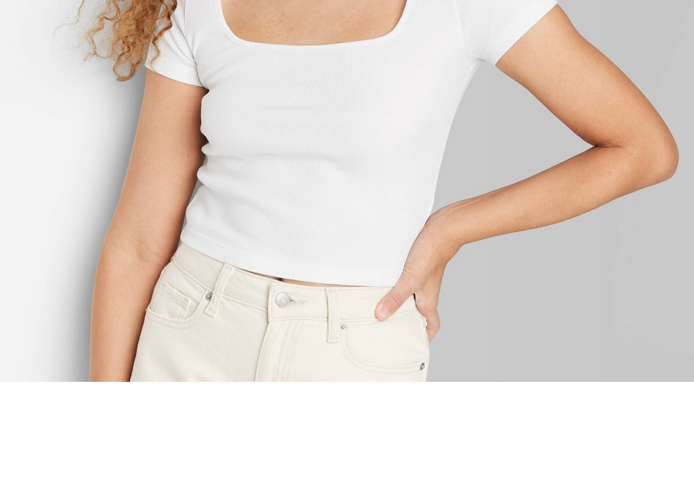 Wild Fable White Baby T-Shirt - Women's L Short Sleeve Square Neck Rib Fitted