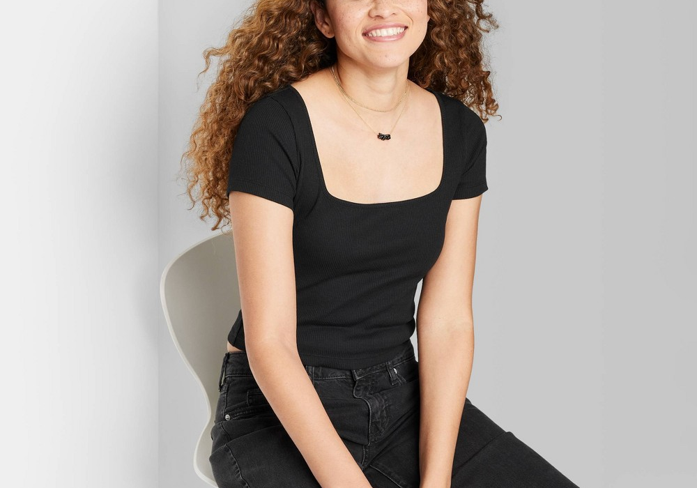 Wild Fable Women's Black Baby T-Shirt - Size L - Short Sleeve - Square Neck - Rib Fitted