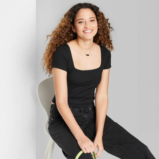 Wild Fable Women's Black Baby T-Shirt - Size L - Short Sleeve - Square Neck - Rib Fitted