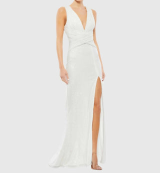 Mac Duggal - V-neck Sequin Wrap Waist Gown