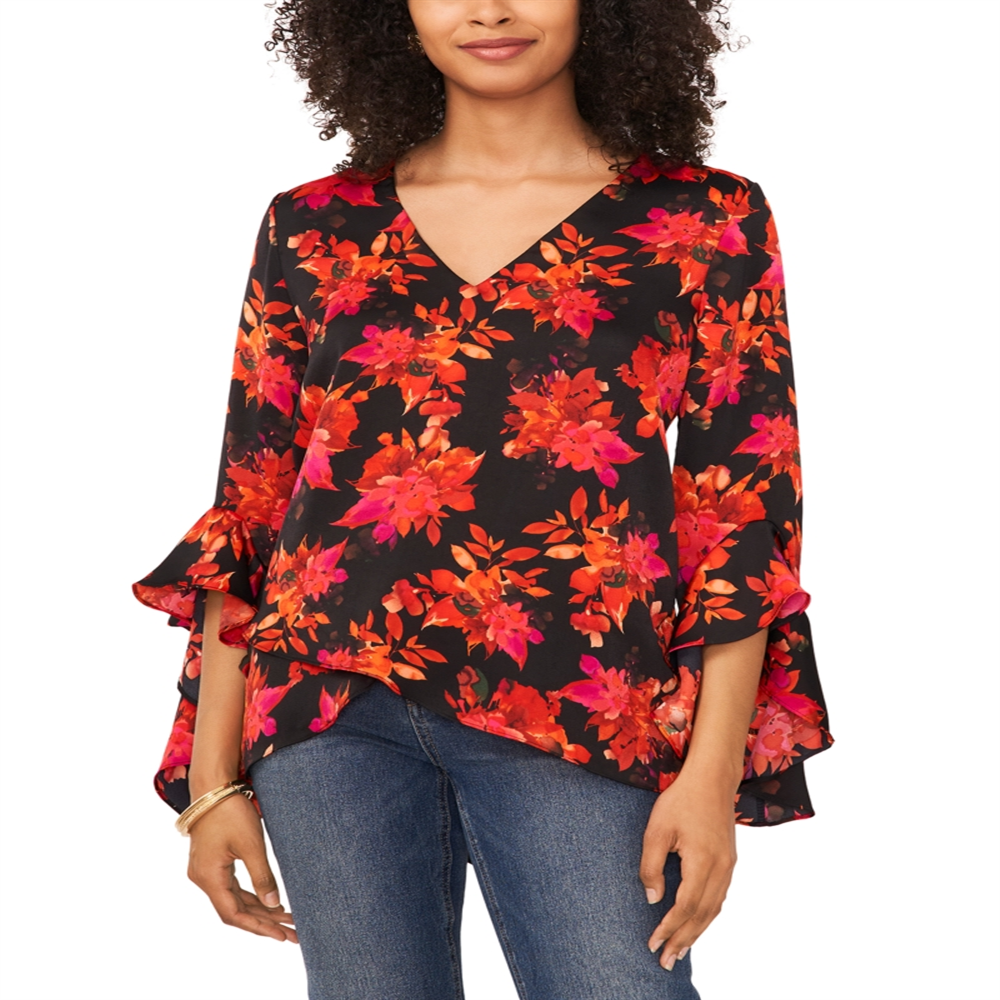Vince Camuto Printed V Neck Layered Hem Top Black