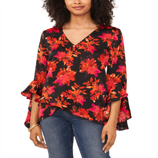 Vince Camuto Printed V Neck Layered Hem Top Black