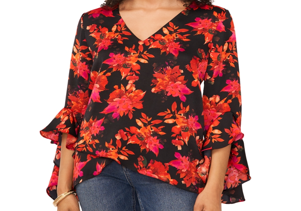 Vince Camuto Printed V Neck Layered Hem Top Black