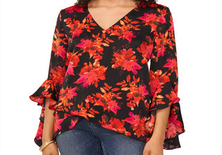 Vince Camuto Printed V Neck Layered Hem Top Black