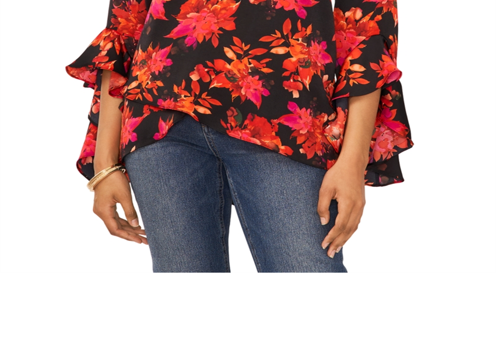 Vince Camuto Printed V Neck Layered Hem Top Black