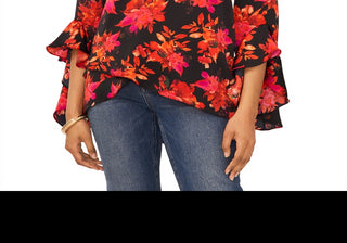 Vince Camuto Printed V Neck Layered Hem Top Black