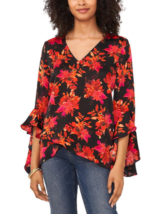 Vince Camuto Printed V Neck Layered Hem Top Black