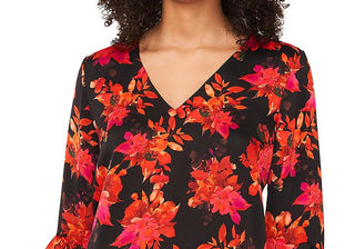Vince Camuto Printed V Neck Layered Hem Top Black