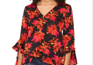 Vince Camuto Printed V Neck Layered Hem Top Black
