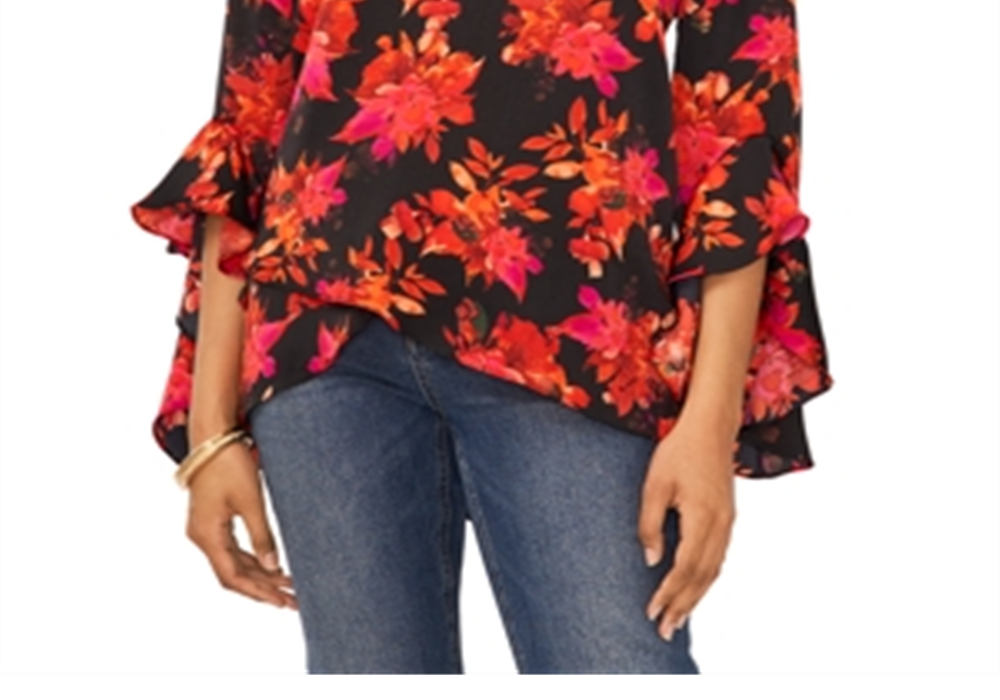 Vince Camuto Printed V Neck Layered Hem Top Black