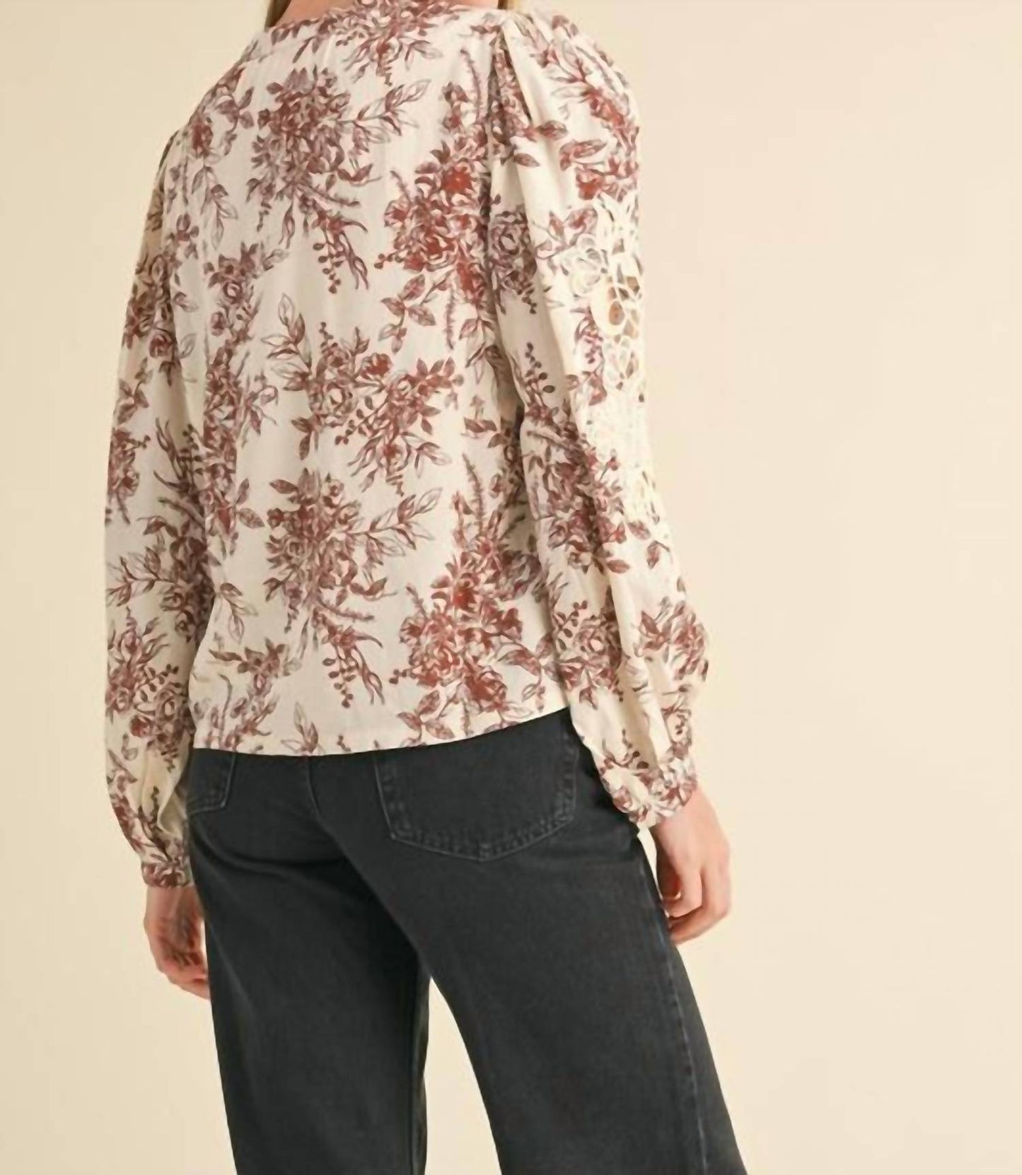 &Merci - Floral Print Lace Eylete Long Sleeve Top