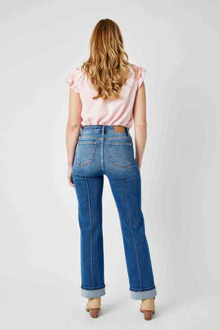 Judy Blue - High Waist Front Seam Detail & Cuffed Straight Jeans