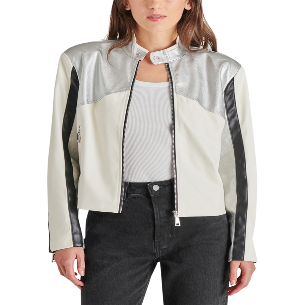 Steve Madden Helayna Color Blocked Moto Jacket Silver