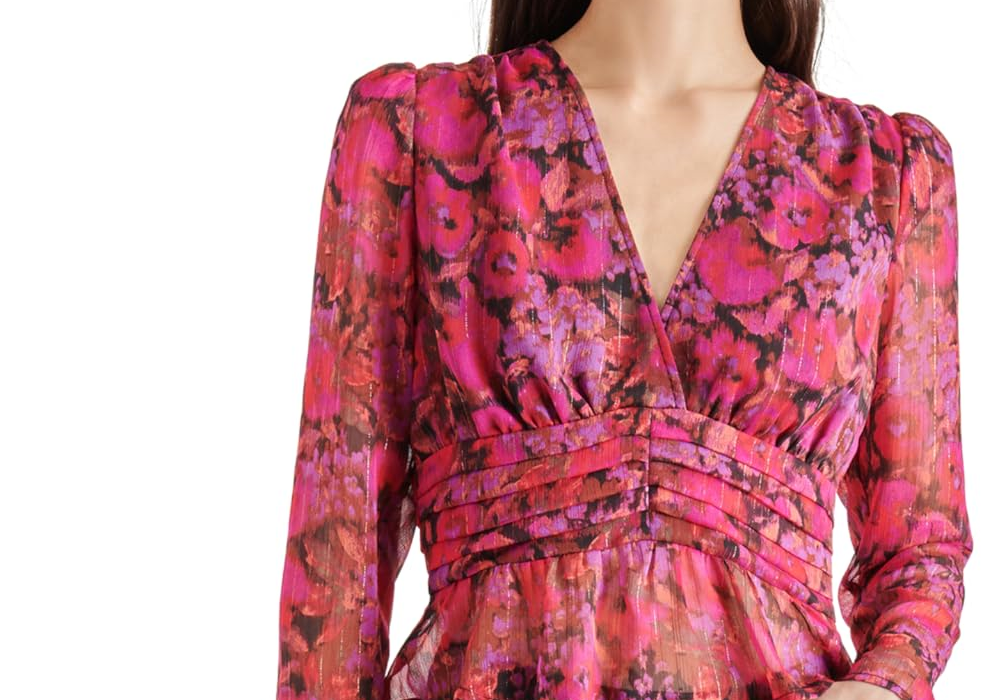 Steve Madden Women's Azura Floral-Print V-Neck Peplum Top - Dark Fuschia