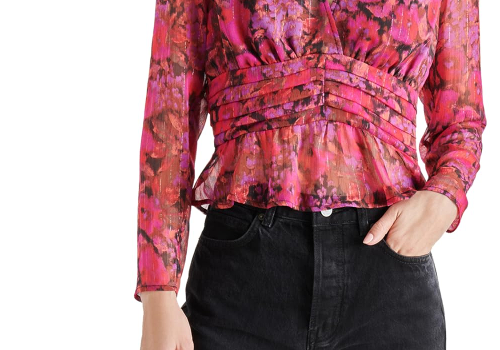 Steve Madden Women's Azura Floral-Print V-Neck Peplum Top - Dark Fuschia