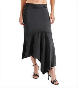 Steve Madden Lucille Satin Asymmetric Midi Skirt Black