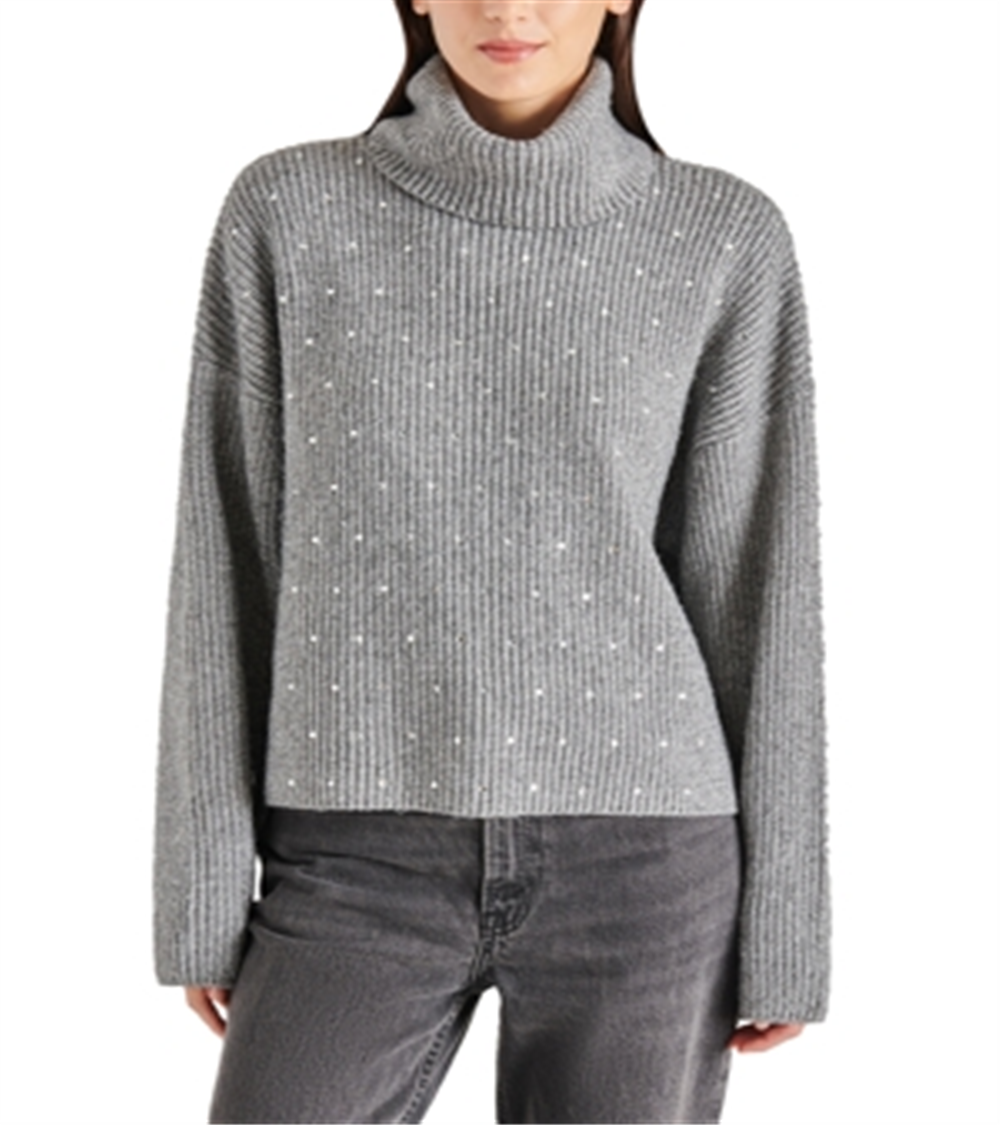 Steve Madden Astro Crystal Turtleneck Sweater Gray