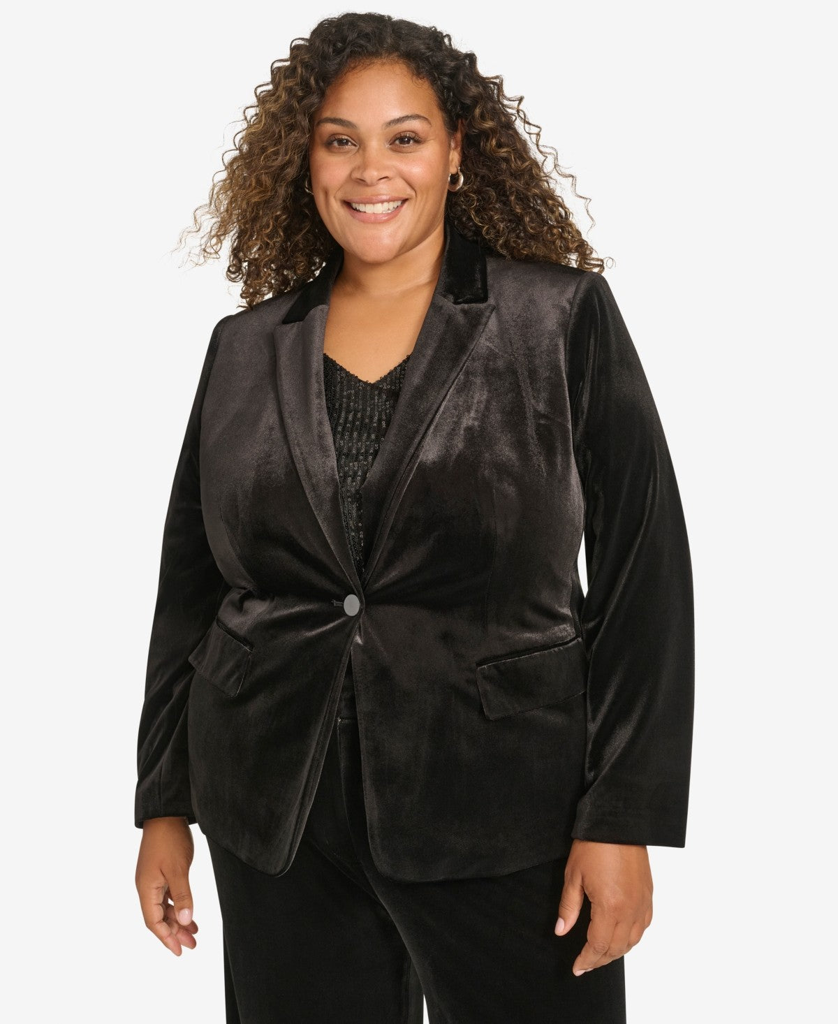 Calvin Klein Plus Size Velvet Peak Lapel Single Button Blazer Black