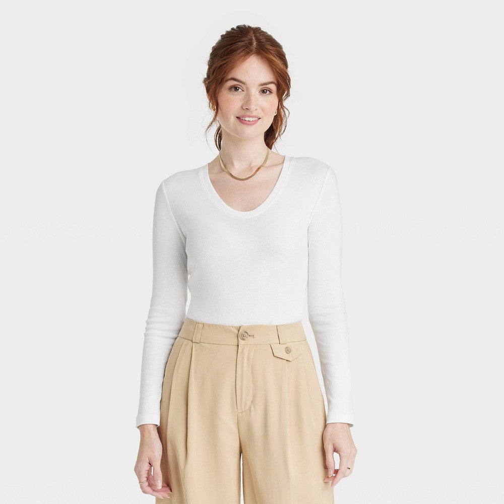 A New Day White Long Sleeve V-Neck Women's T-Shirt Size M