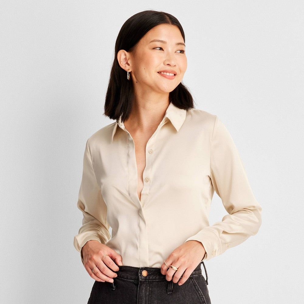 Women's Cream Long Sleeve Button-Front Shirt - A New Day Size S