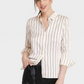 A New Day Women's Cream Striped Shirt Long Sleeve Button-Front Size M