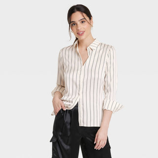 A New Day Women's Cream Striped Shirt Long Sleeve Button-Front Size M