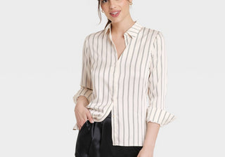 A New Day Women's Cream Striped Shirt Long Sleeve Button-Front Size M