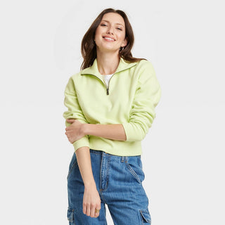 Lime Green Women's Cropped Quarter Zip Sweatshirt - Universal Thread Size L