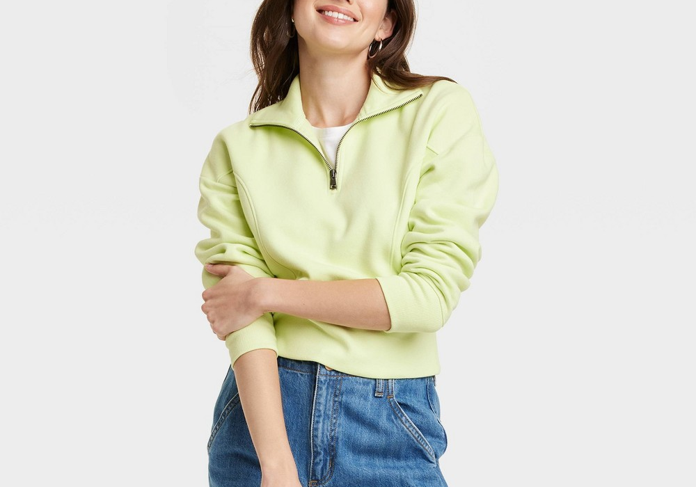 Lime Green Women's Cropped Quarter Zip Sweatshirt - Universal Thread Size L