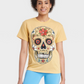 XL Yellow Women's Short Sleeve Dia de Muertos Sugar Skull Graphic T-Shirt