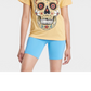 XL Yellow Women's Short Sleeve Dia de Muertos Sugar Skull Graphic T-Shirt