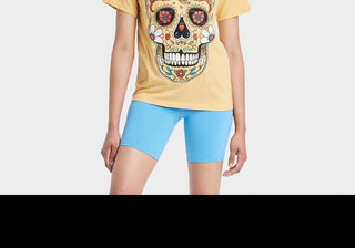 XL Yellow Women's Short Sleeve Dia de Muertos Sugar Skull Graphic T-Shirt