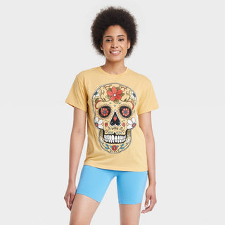 XL Yellow Women's Short Sleeve Dia de Muertos Sugar Skull Graphic T-Shirt