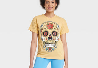 XL Yellow Women's Short Sleeve Dia de Muertos Sugar Skull Graphic T-Shirt