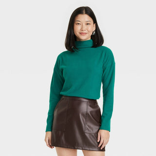 Women's Dark Green Long Sleeve T-Shirt - A New Day Mock Turtleneck M
